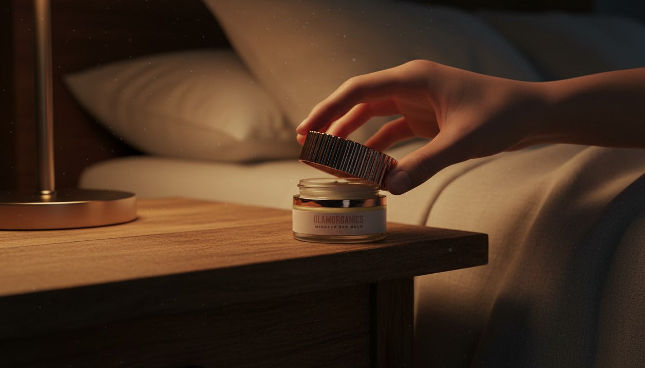 Glamorganics bee balm Hand applying cream from a jar on a bedside table with a warm glow.