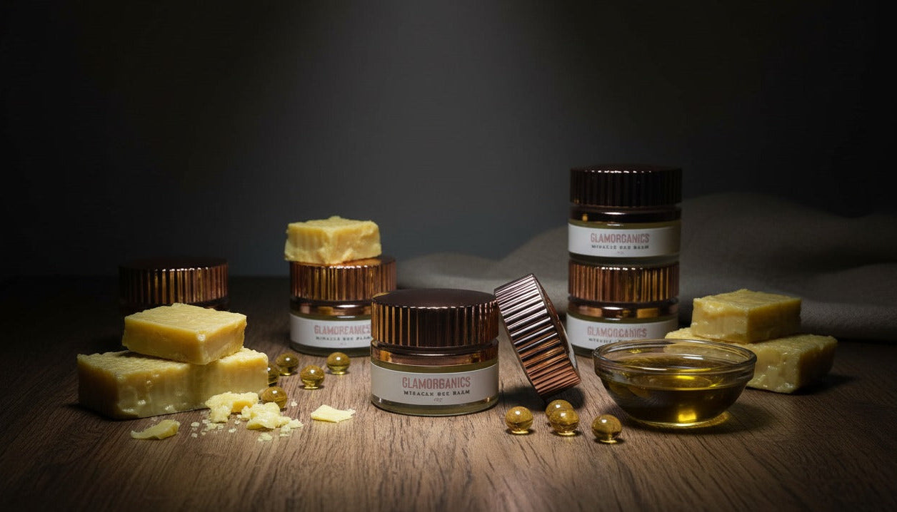 Glamorganics bee balm Jars on a wooden surface with a focus on texture and packaging design on a wooden surface.