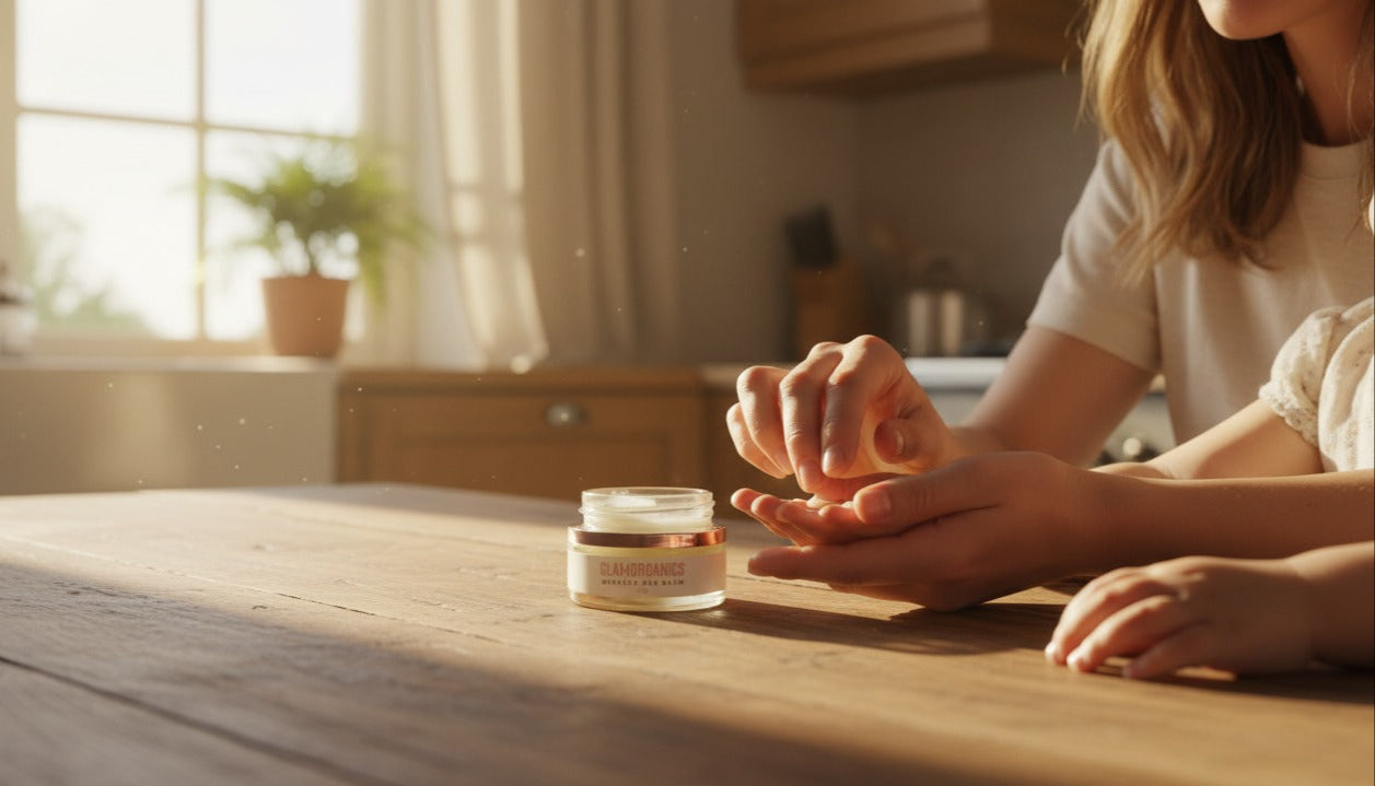 Glamorganics bee balm Person applying cream to hands with a jar of cream on a wooden table.