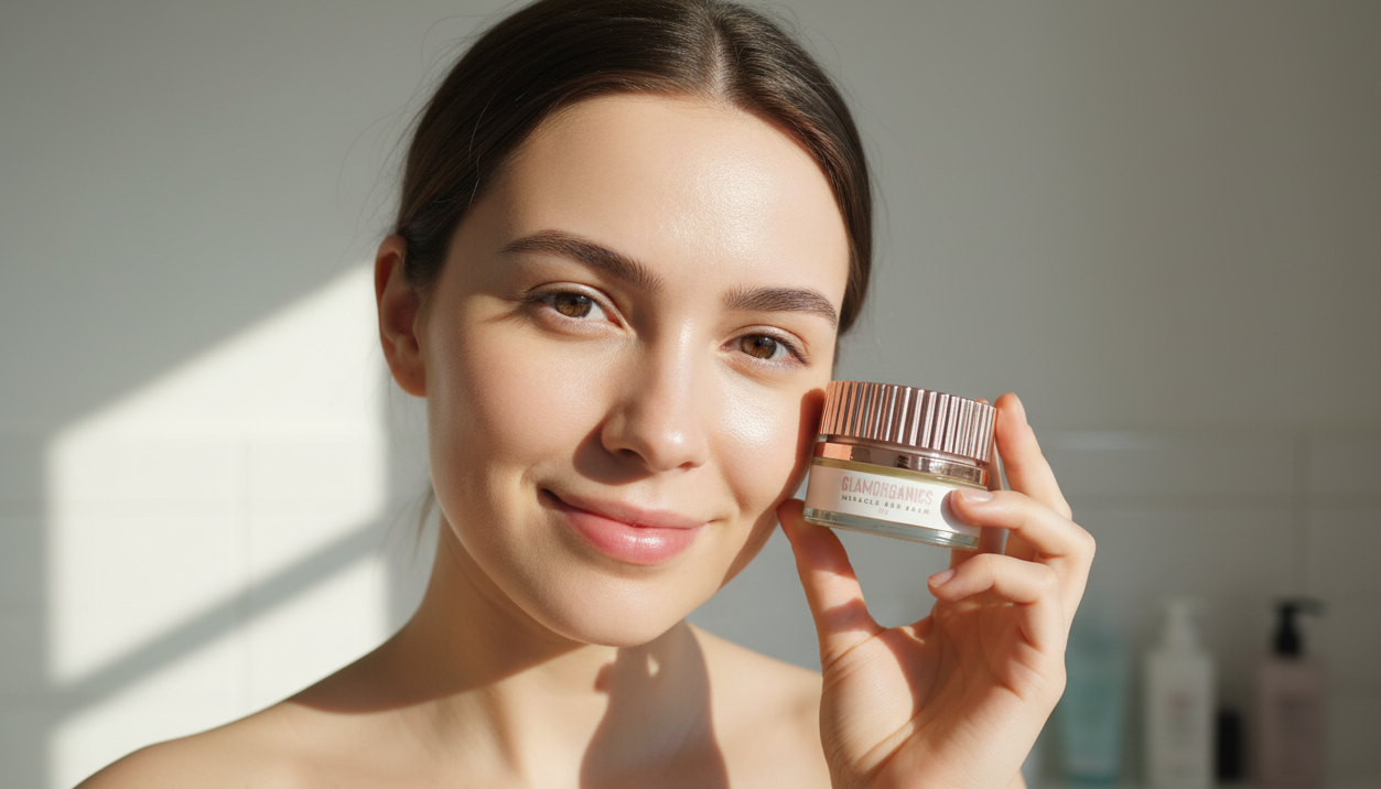 Glamorganics bee balm Woman holding a skincare product with a blurred background