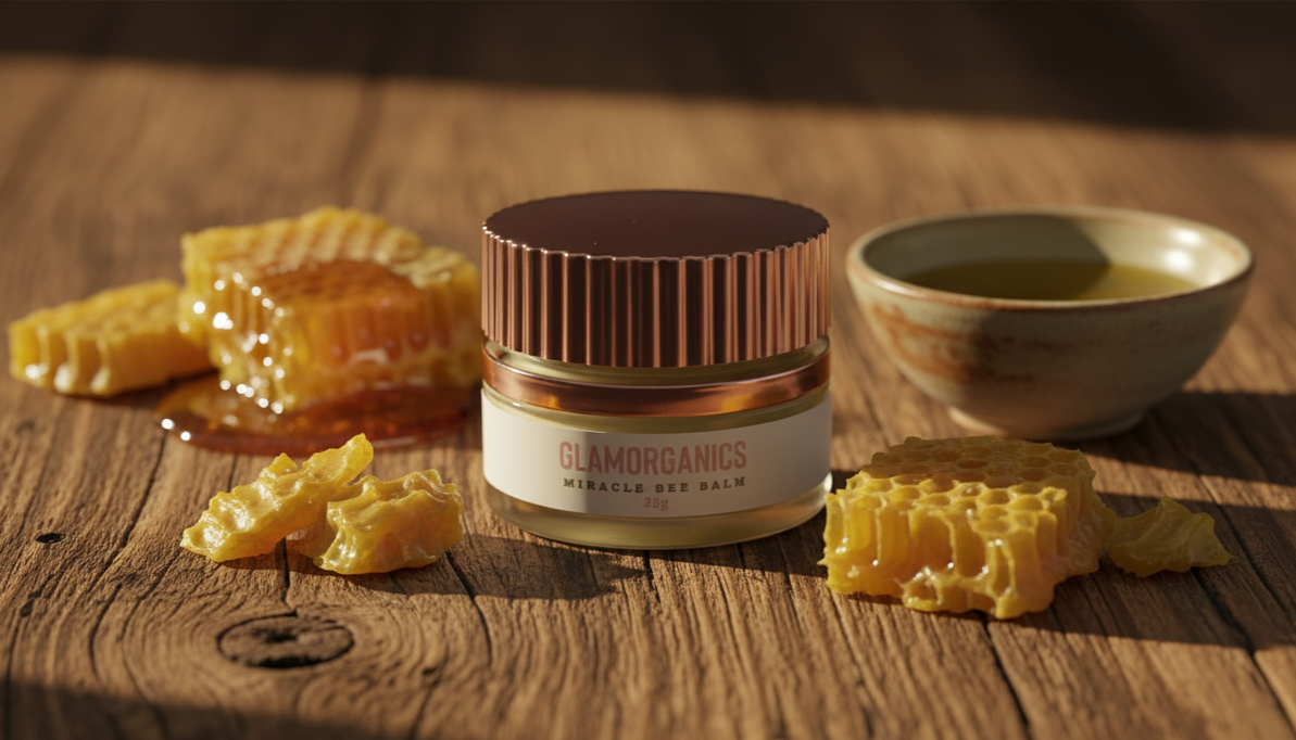 Glamorganics bee balm jar on a wooden surface with honeycomb and honey.