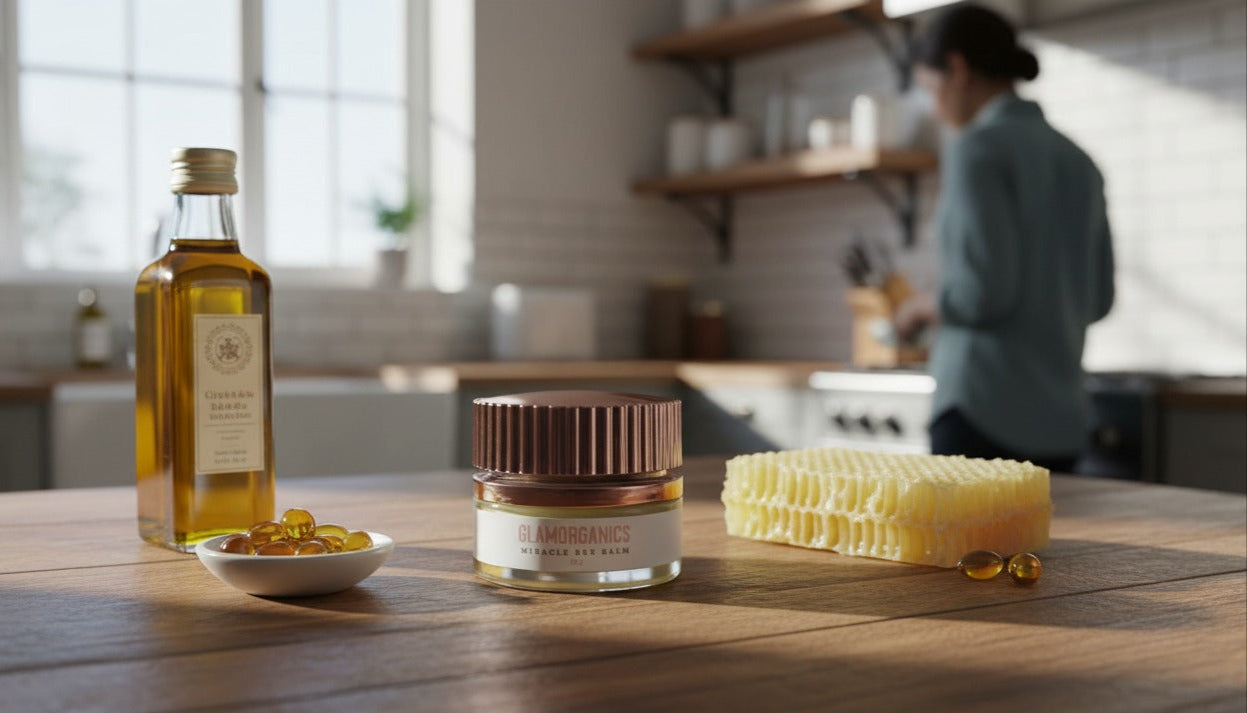 Glamorganics bee balm jar with honeycomb and honey on a wooden table in a kitchen setting