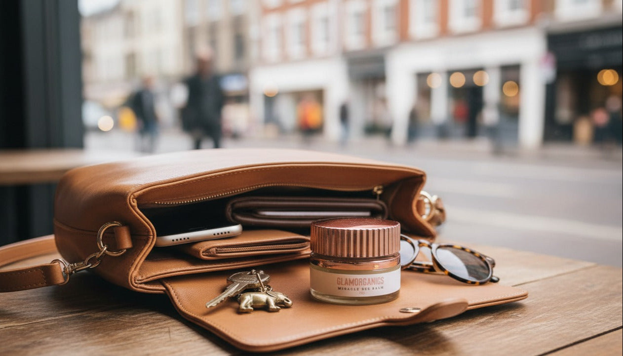 Glamorganics bee balm on Brown leather handbag and sunglasses on a table in an urban setting