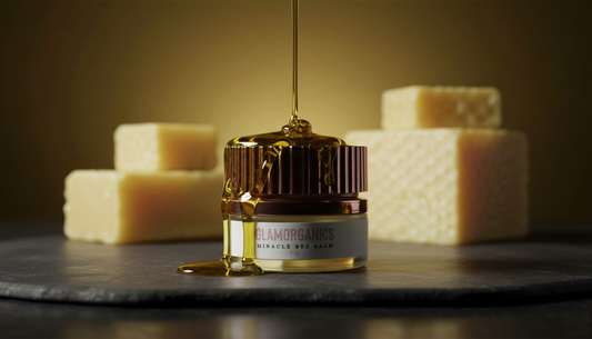 Glamorganics bee balm skincare product with honey being dripped onto it, surrounded by honeycomb blocks.