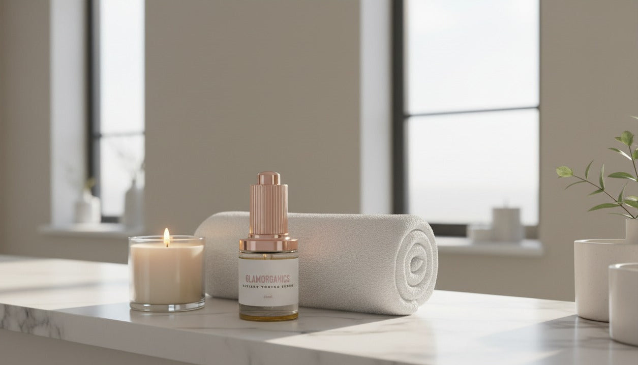 Glamorganics radiant toning serum in bathroom with candle 