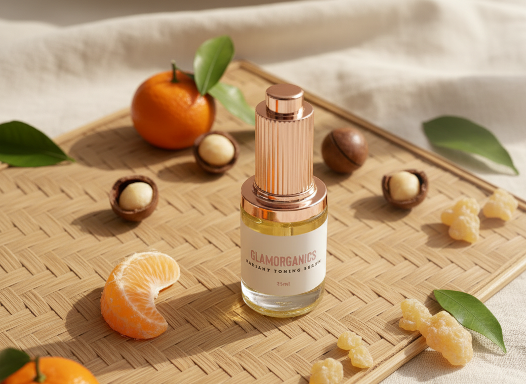 Glamorganics radiant toning serum on  bamboo board