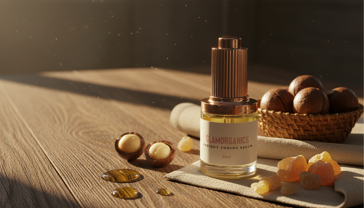 Glamorganics radiant toning serum on floor close up