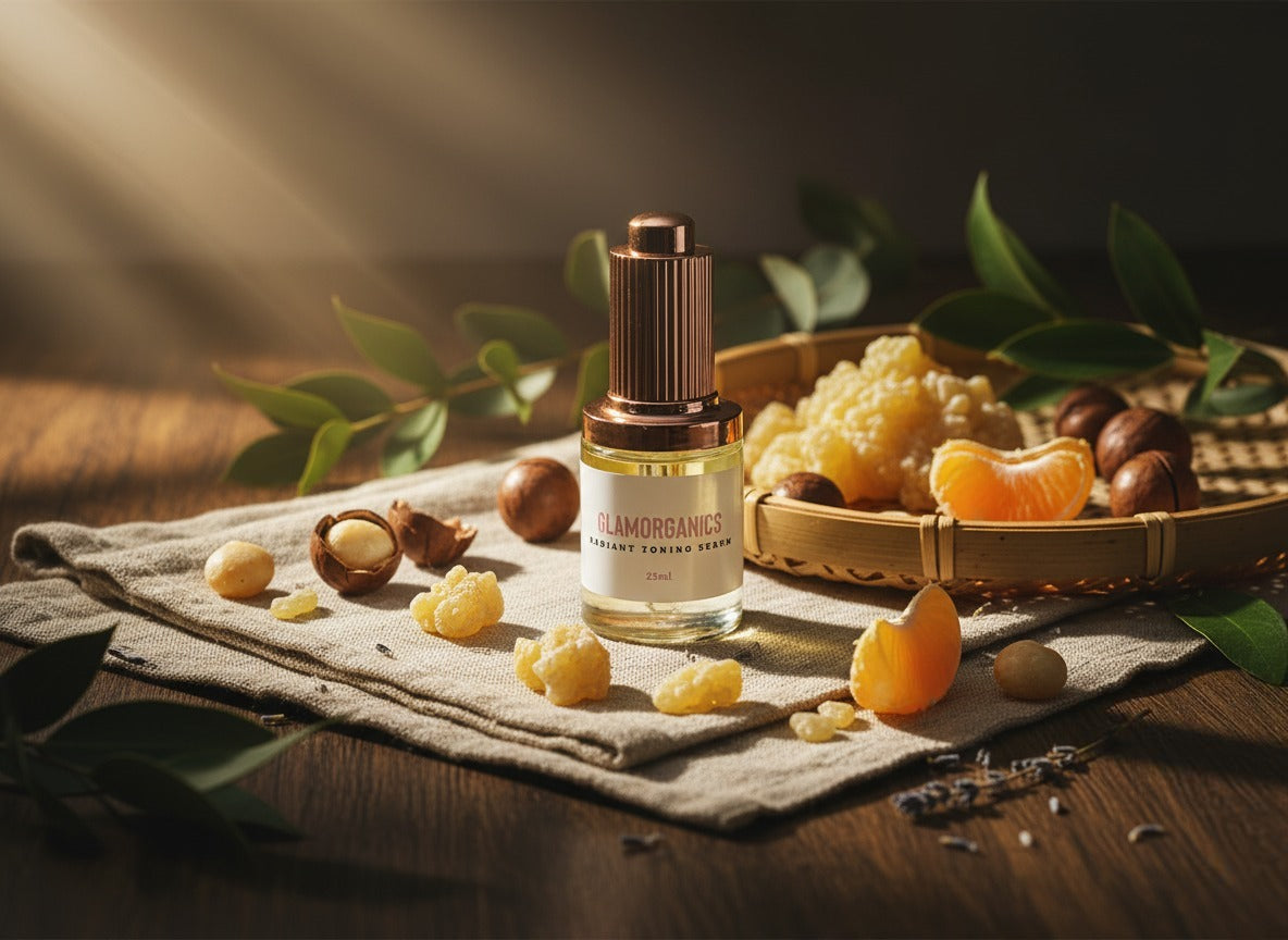 Glamorganics radiant toning serum  with ingredients on a wooden surface