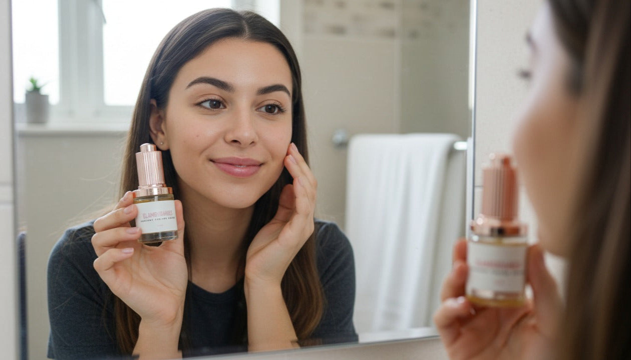 Lady with Glamorganics radiant toning serum close up facing mirror 