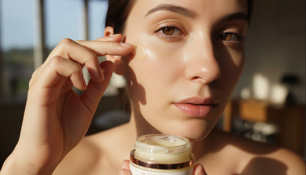 Woman applying Glamorganics bee balm in hand applying balm to her face, blurred background