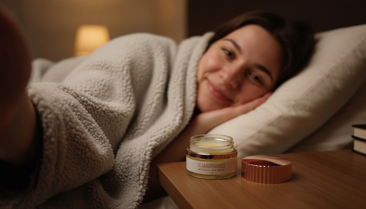 Woman lying in bed with a jar of Glamorganics bee balm  on the nightstand