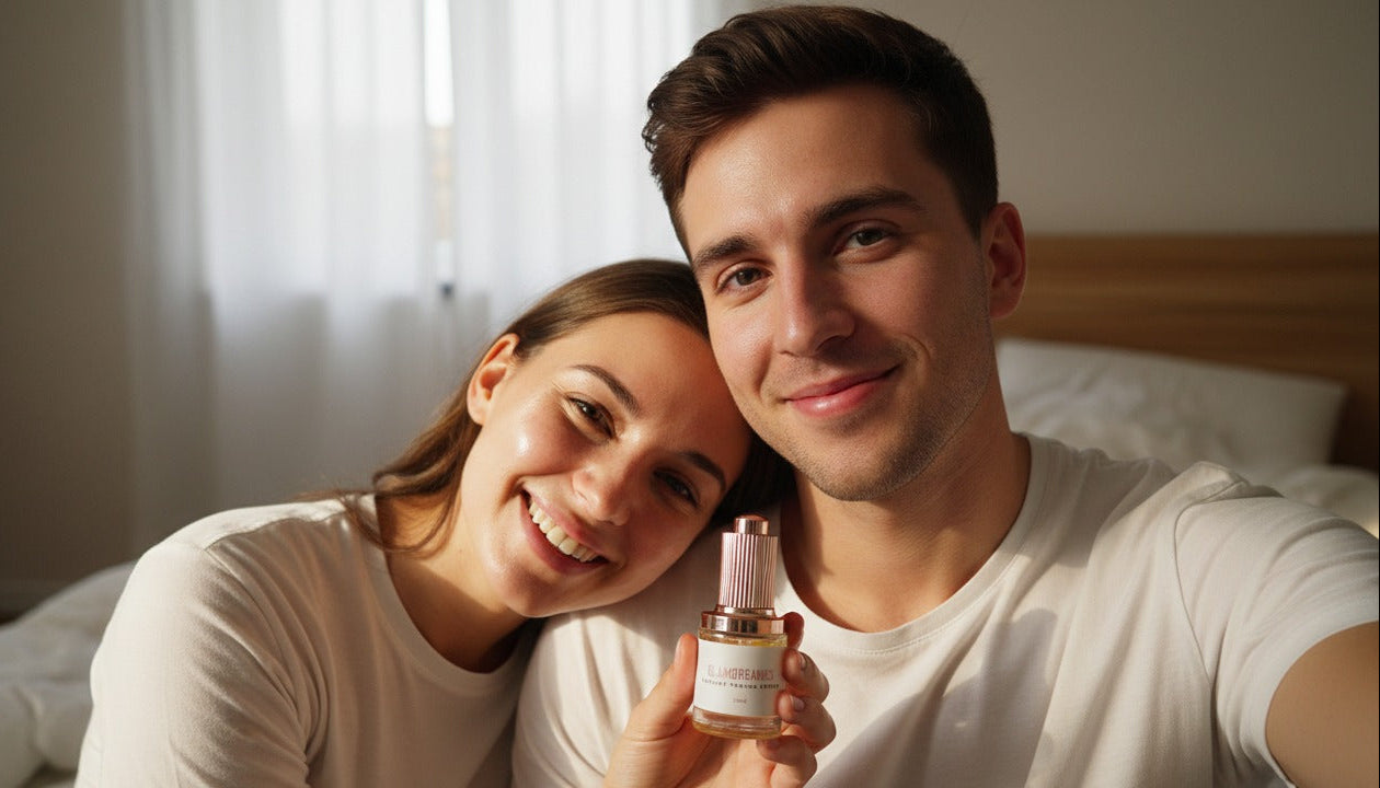 couple holding Glamorganics radiant toning serum