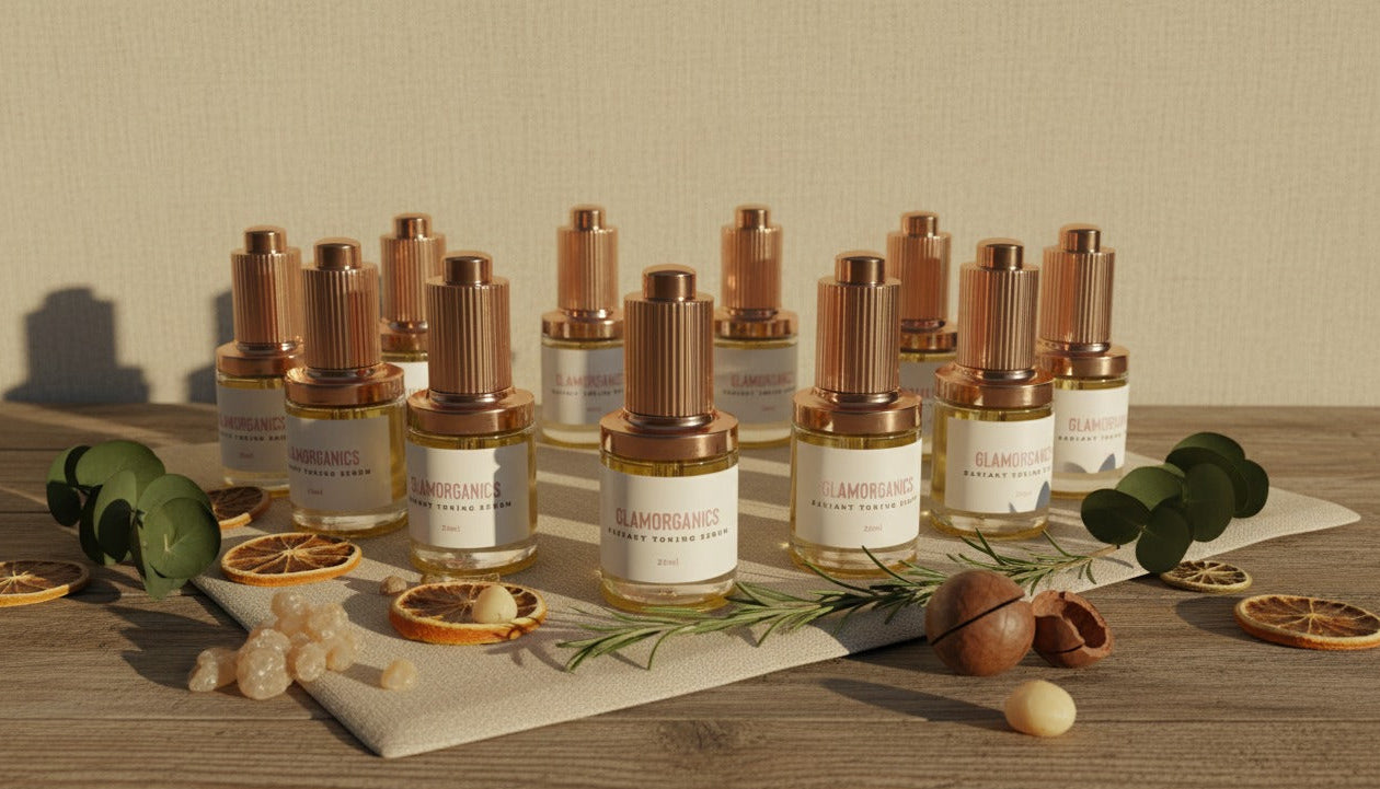 small batch of Glamorganics radiant toning serum  with ingredients on a wooden surface 